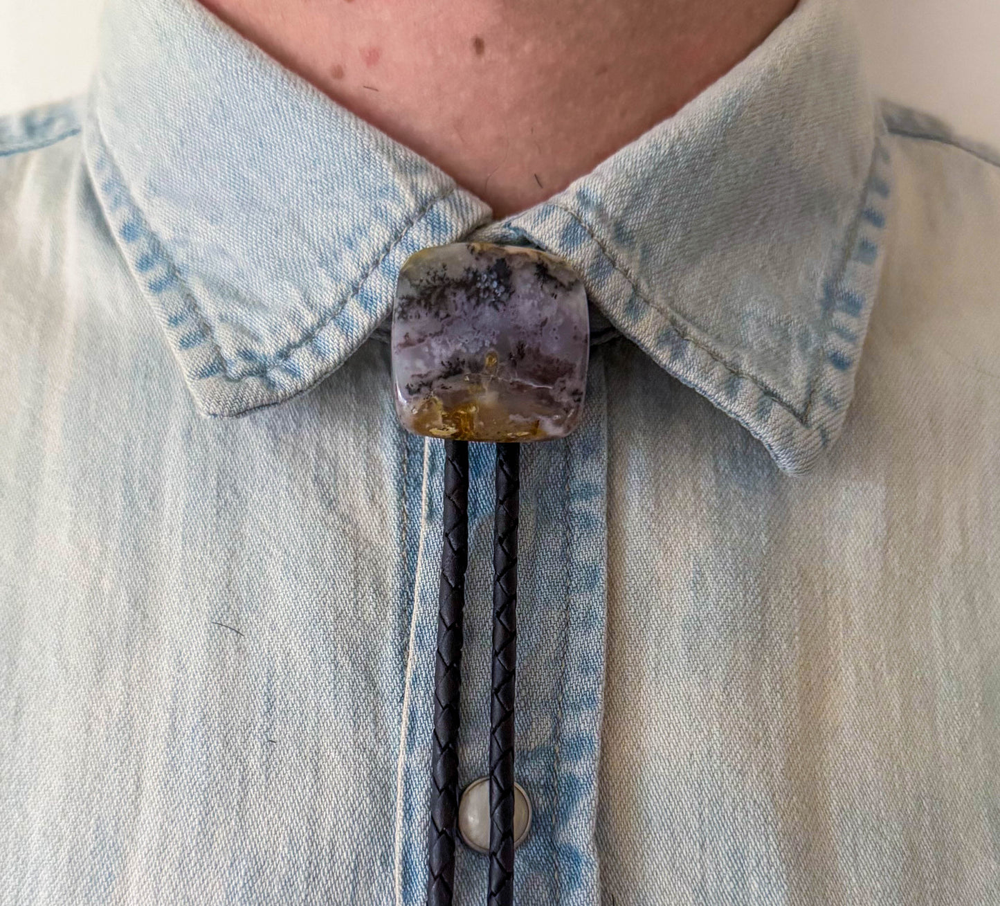 Dendritic Moss Agate Bolo Tie - Black Braided Leather Cord, Aged Silver BAR Tips