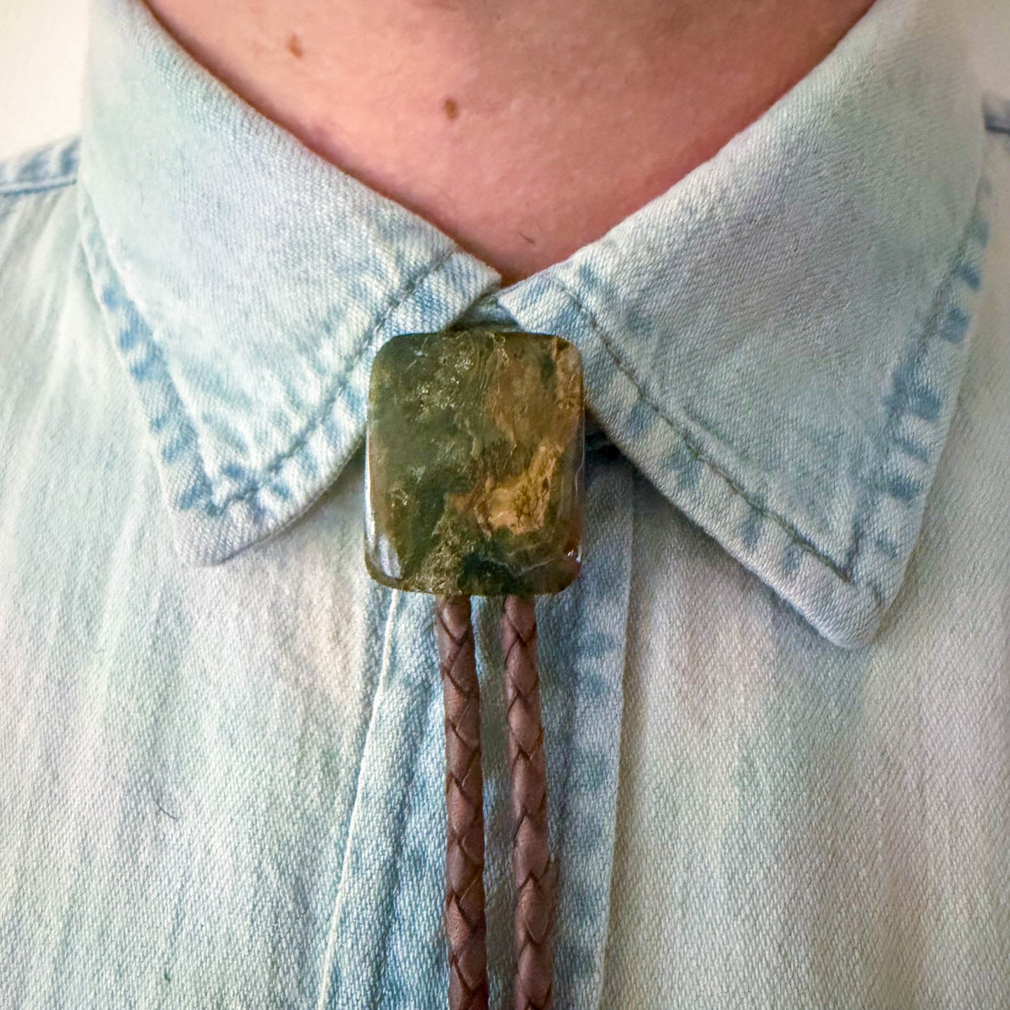 Ocean Jasper Bolo Tie - Dark Brown Braided Leather Cord, Aged Brass BAR Tips
