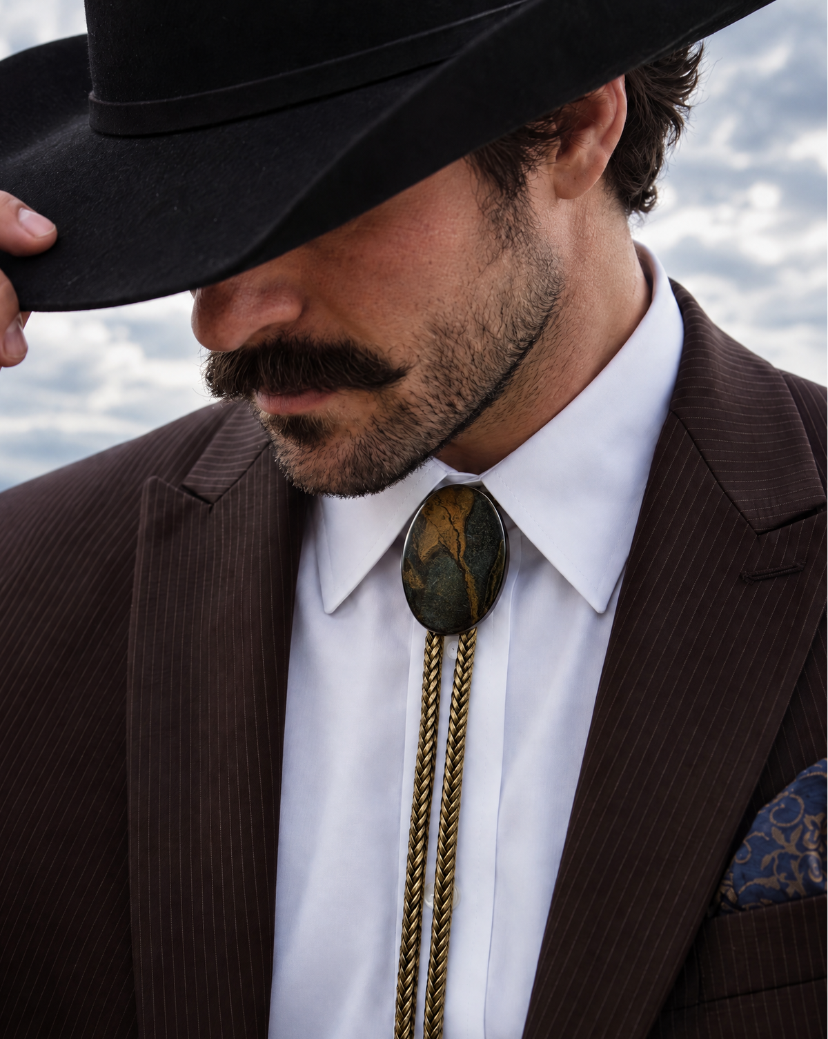 A close-up of a man wearing a dark brown pinstripe suit jacket, white dress shirt, and a brown and gold bolo tie with a large oval stone pendant. He is also wearing a black cowboy hat and a patterned pocket square, with a cloudy sky in the background.