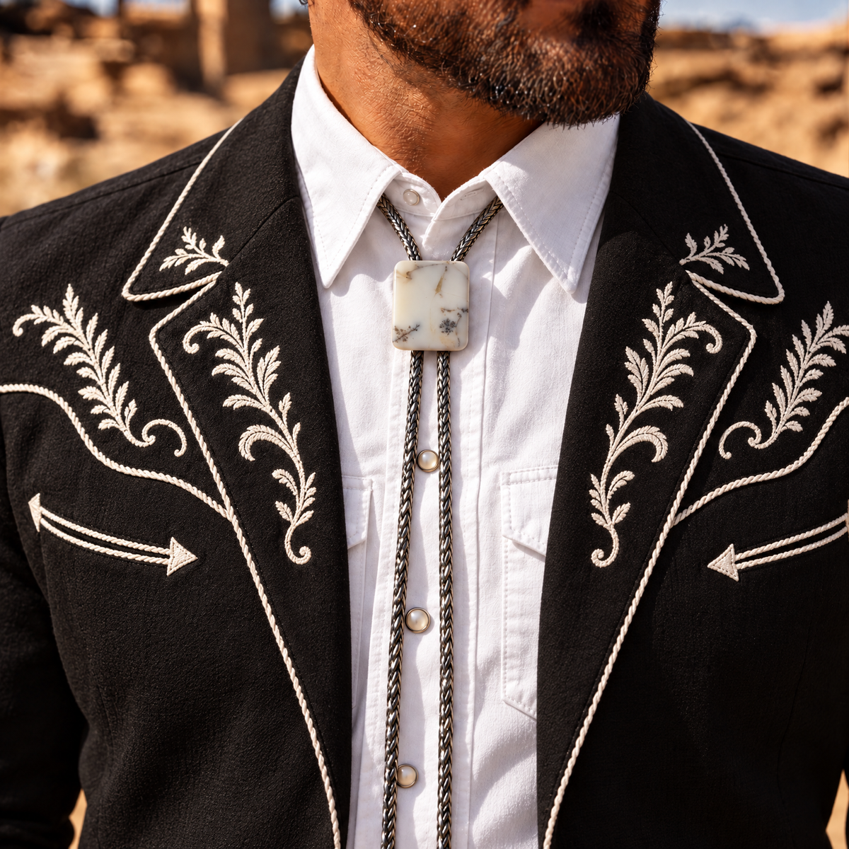 A close-up of a man wearing a black western jacket with white embroidered scrollwork and arrows, a white collared shirt, and a silver-toned bolo tie with a white stone pendant.