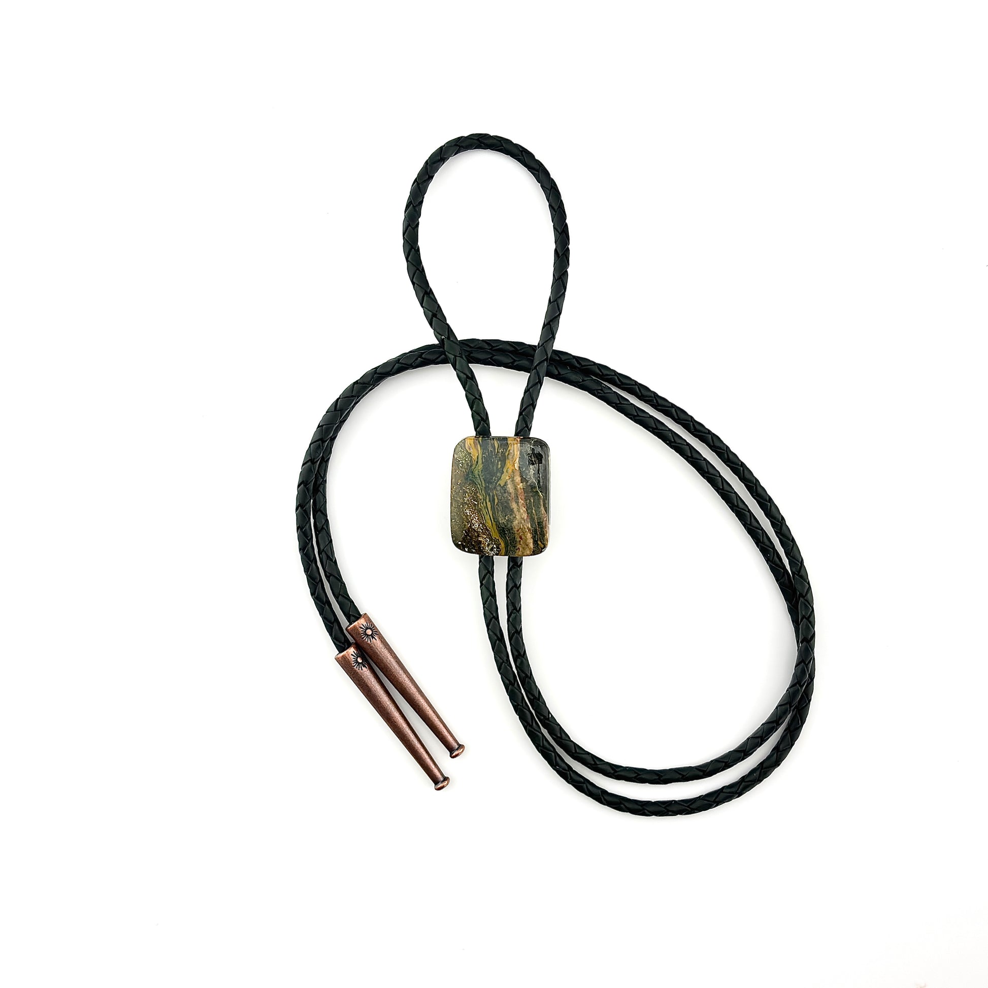 Ocean Jasper Bolo Tie - Dark Green Braided Leather Cord, Antique Copper SUN Tips