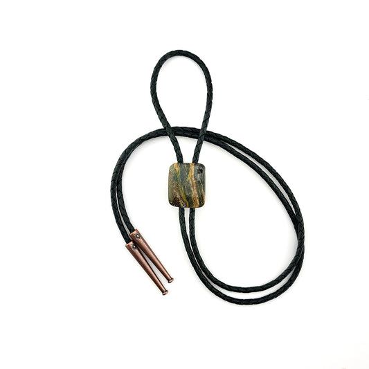 Ocean Jasper Bolo Tie - Dark Green Braided Leather Cord, Antique Copper SUN Tips