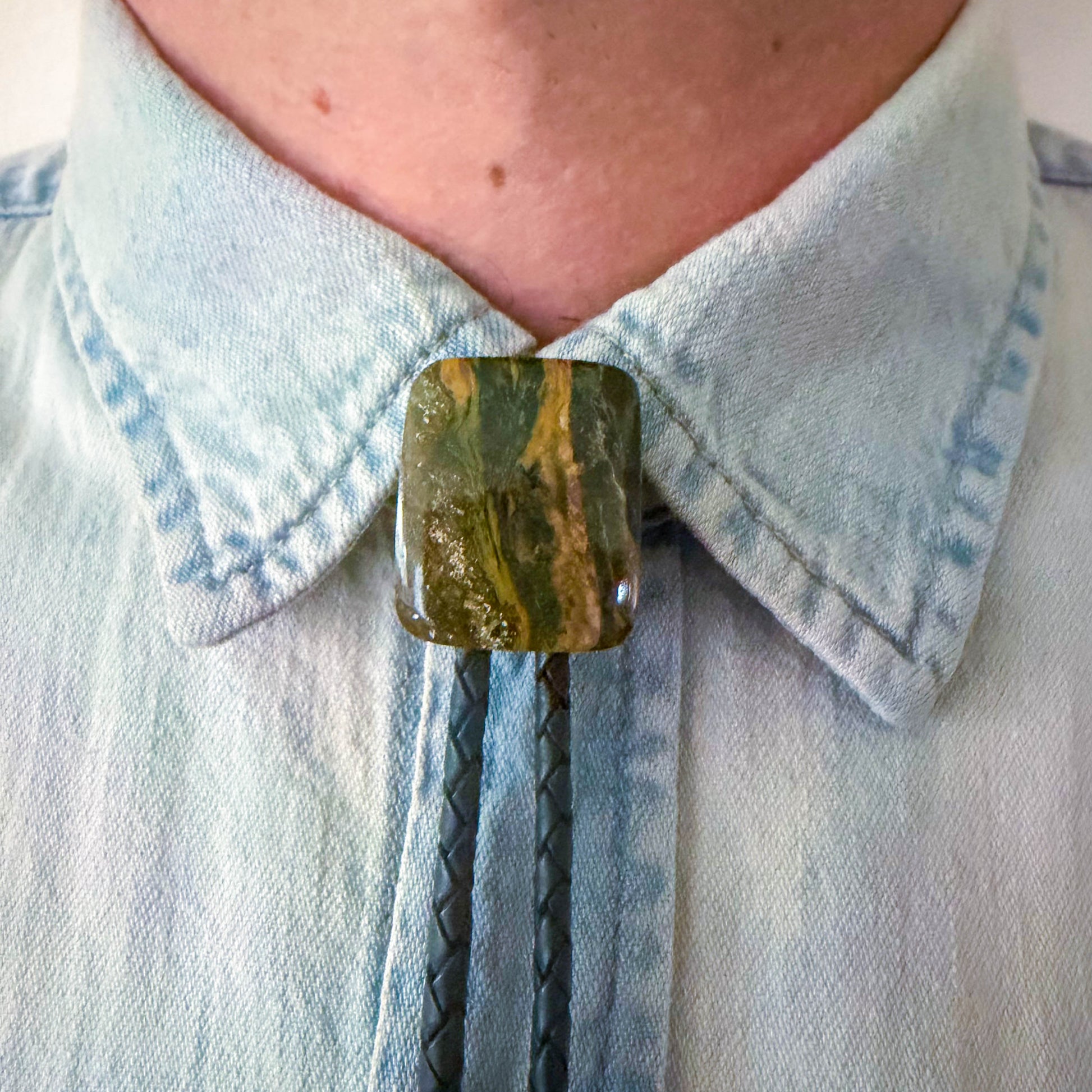 Ocean Jasper Bolo Tie - Dark Green Braided Leather Cord, Antique Copper SUN Tips