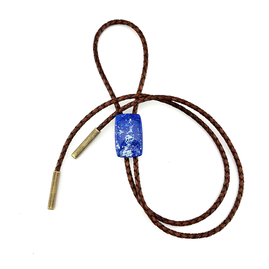 Lapis Lazuli Bolo Tie - Mahogany Braided Leather Cord, Aged Brass BAR Tips