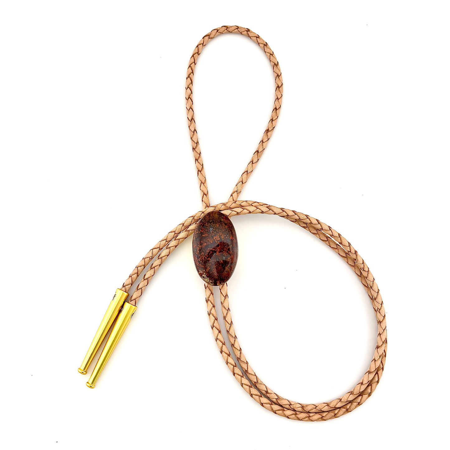 Garden Quartz Bolo Tie - Beige/ Natural Braided Leather Cord, Gold SUN Tips