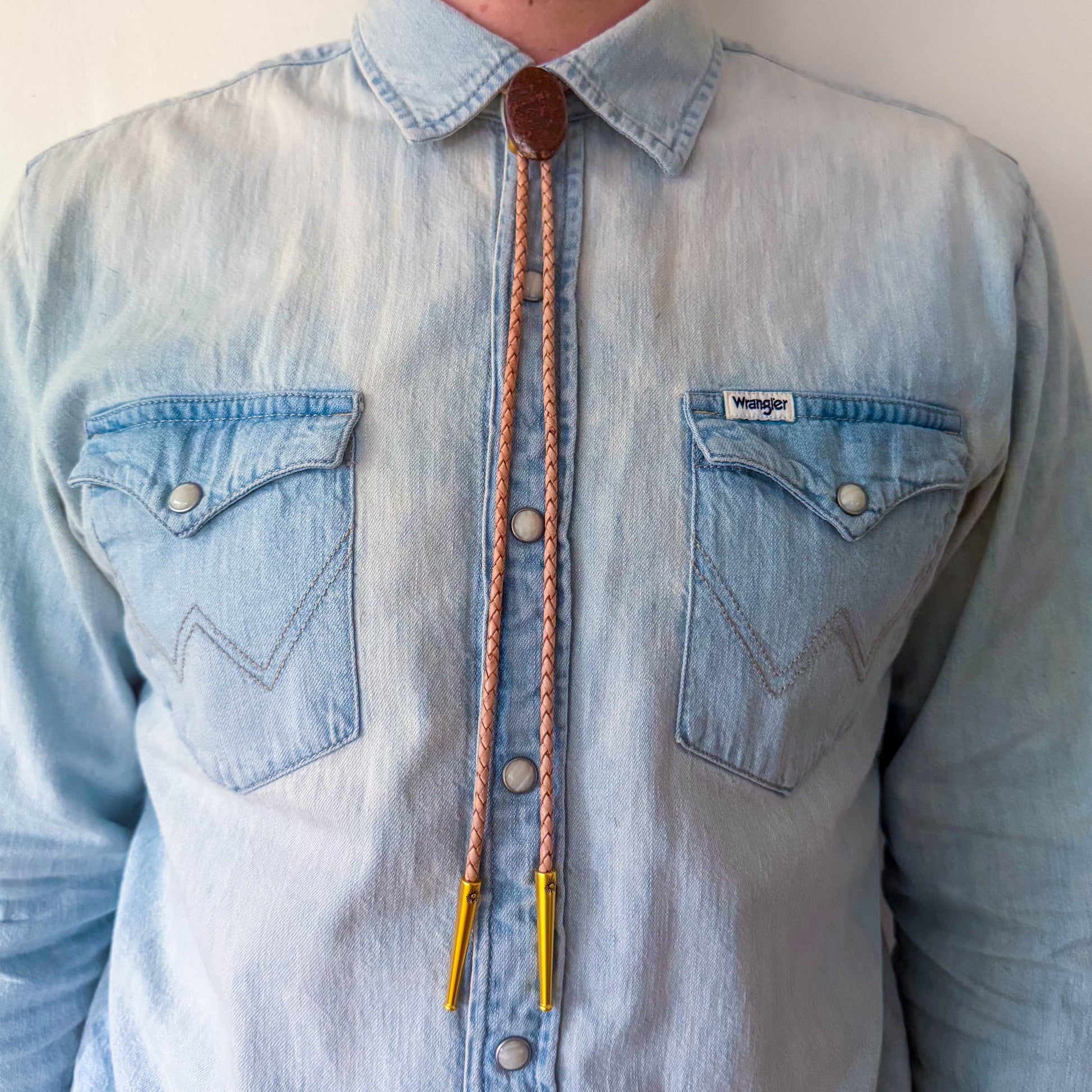Garden Quartz Bolo Tie - Beige/ Natural Braided Leather Cord, Gold SUN Tips