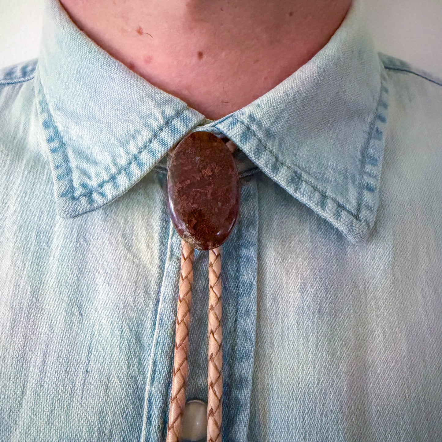 Garden Quartz Bolo Tie - Beige/ Natural Braided Leather Cord, Gold SUN Tips