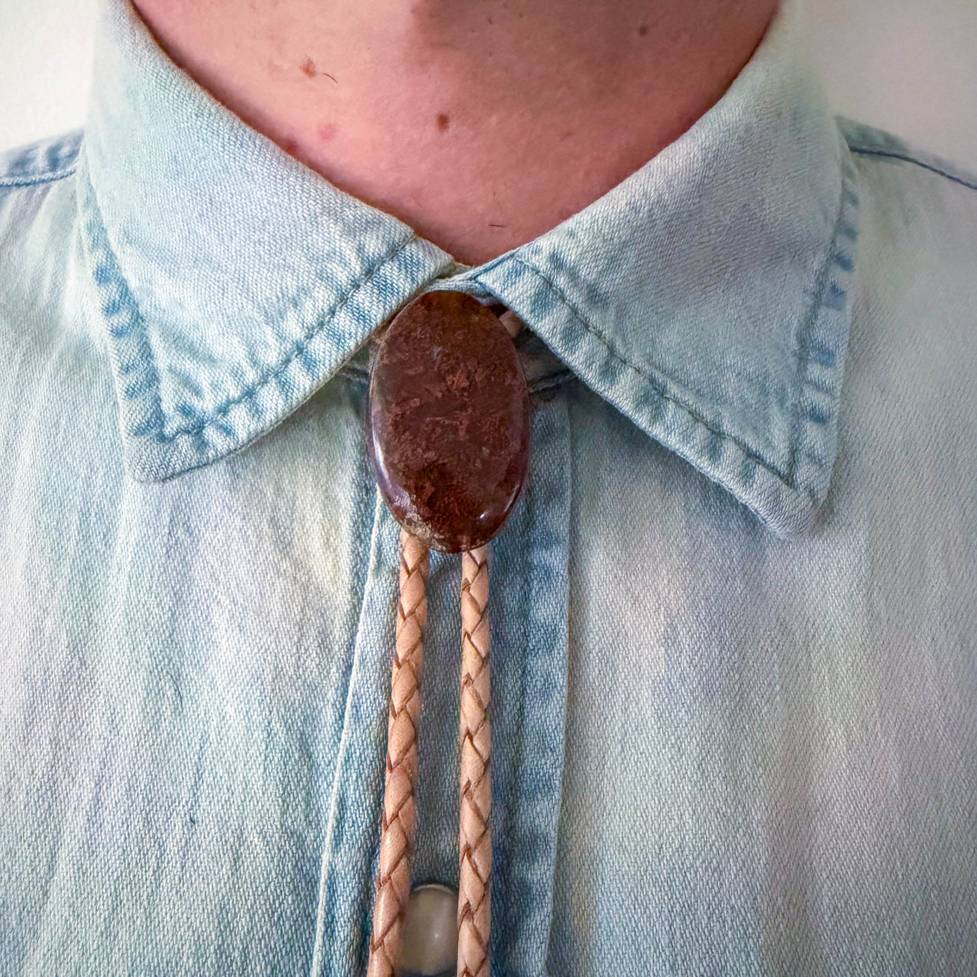 Garden Quartz Bolo Tie - Beige/ Natural Braided Leather Cord, Gold SUN Tips