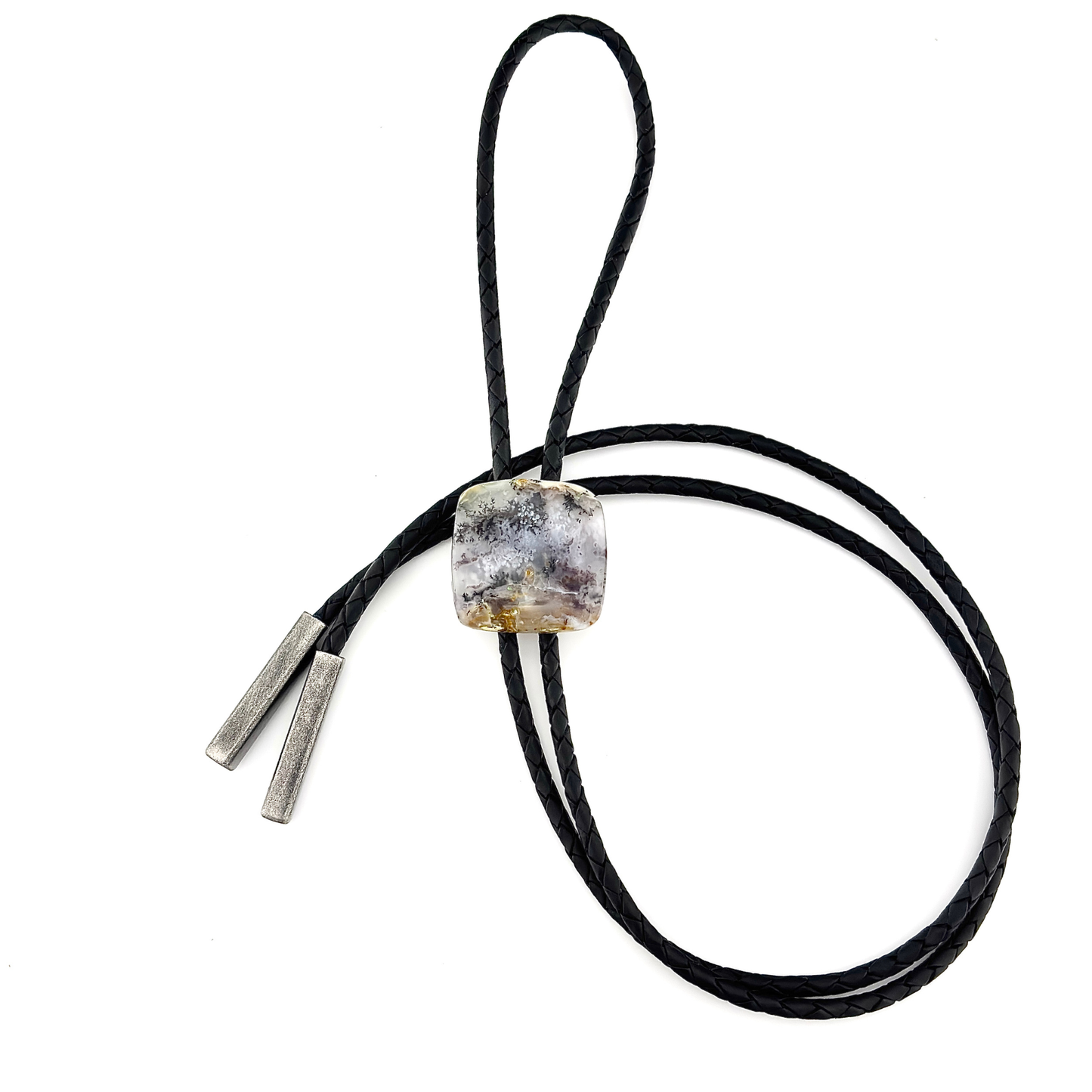 Dendritic Moss Agate Bolo Tie - Black Braided Leather Cord, Aged Silver BAR Tips