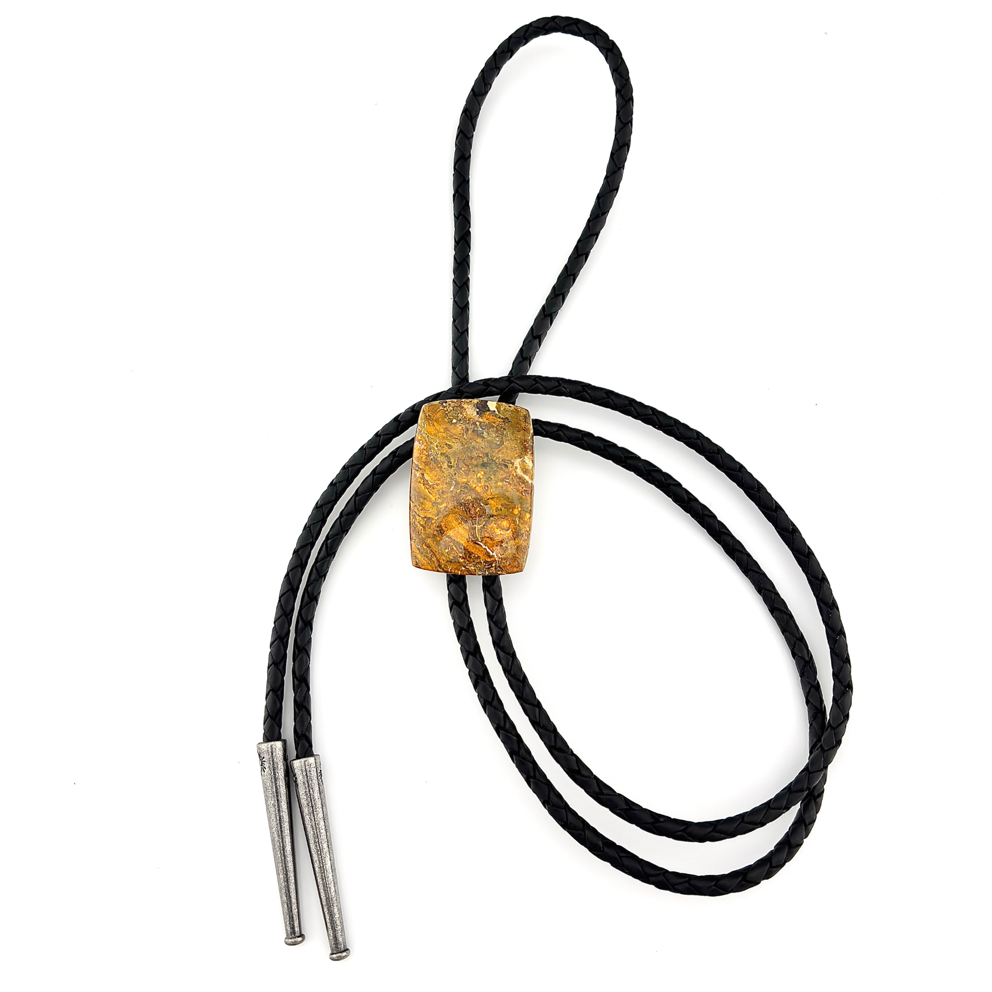 Bumble Bee Jasper Bolo Tie - Black Braided Leather Cord, Aged Silver SUN Tips