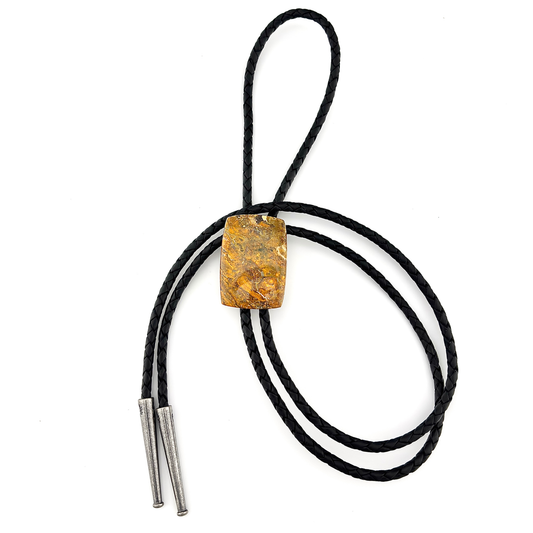 Bumble Bee Jasper Bolo Tie - Black Braided Leather Cord, Aged Silver SUN Tips