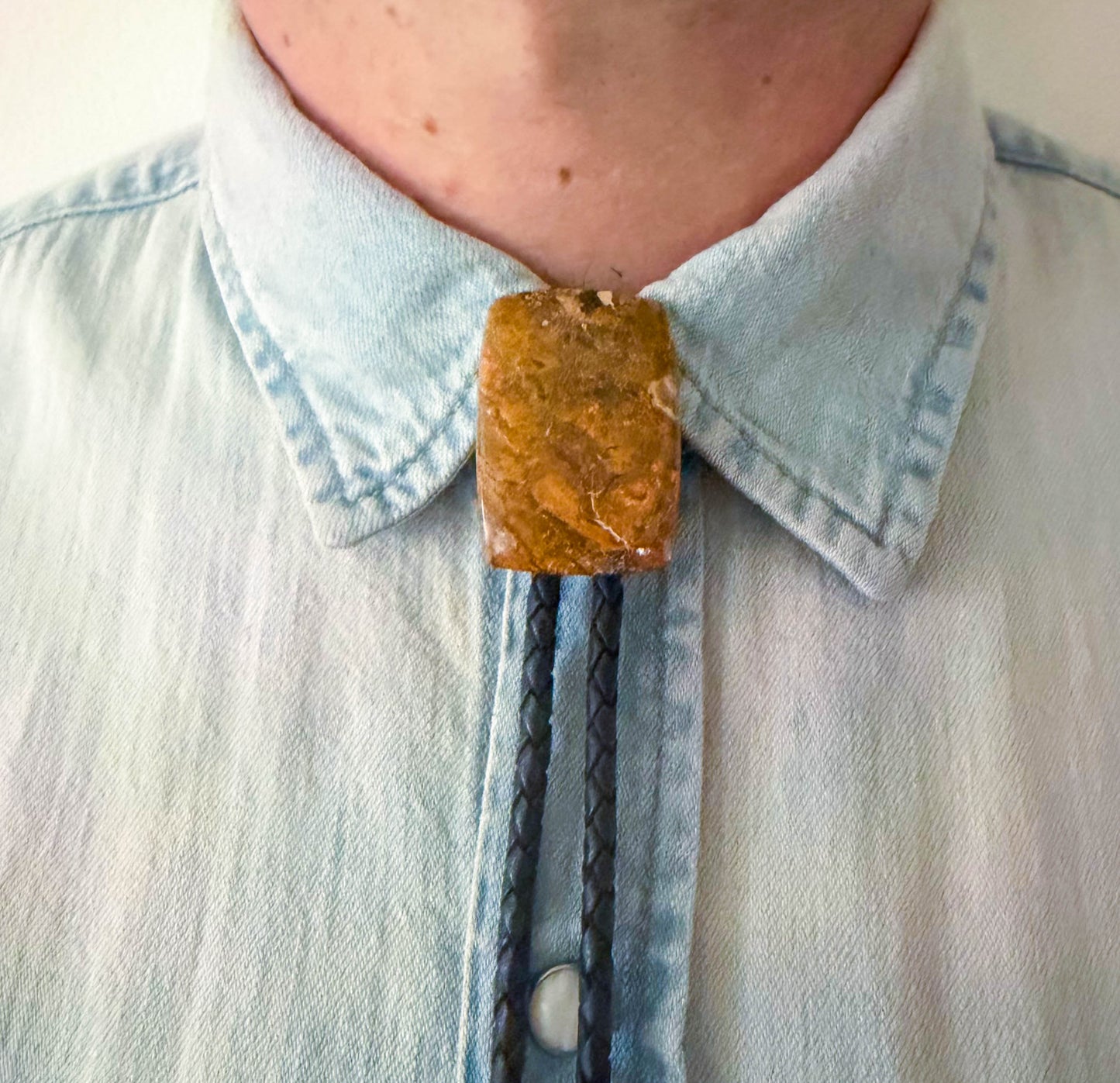Bumble Bee Jasper Bolo Tie - Black Braided Leather Cord, Aged Silver SUN Tips
