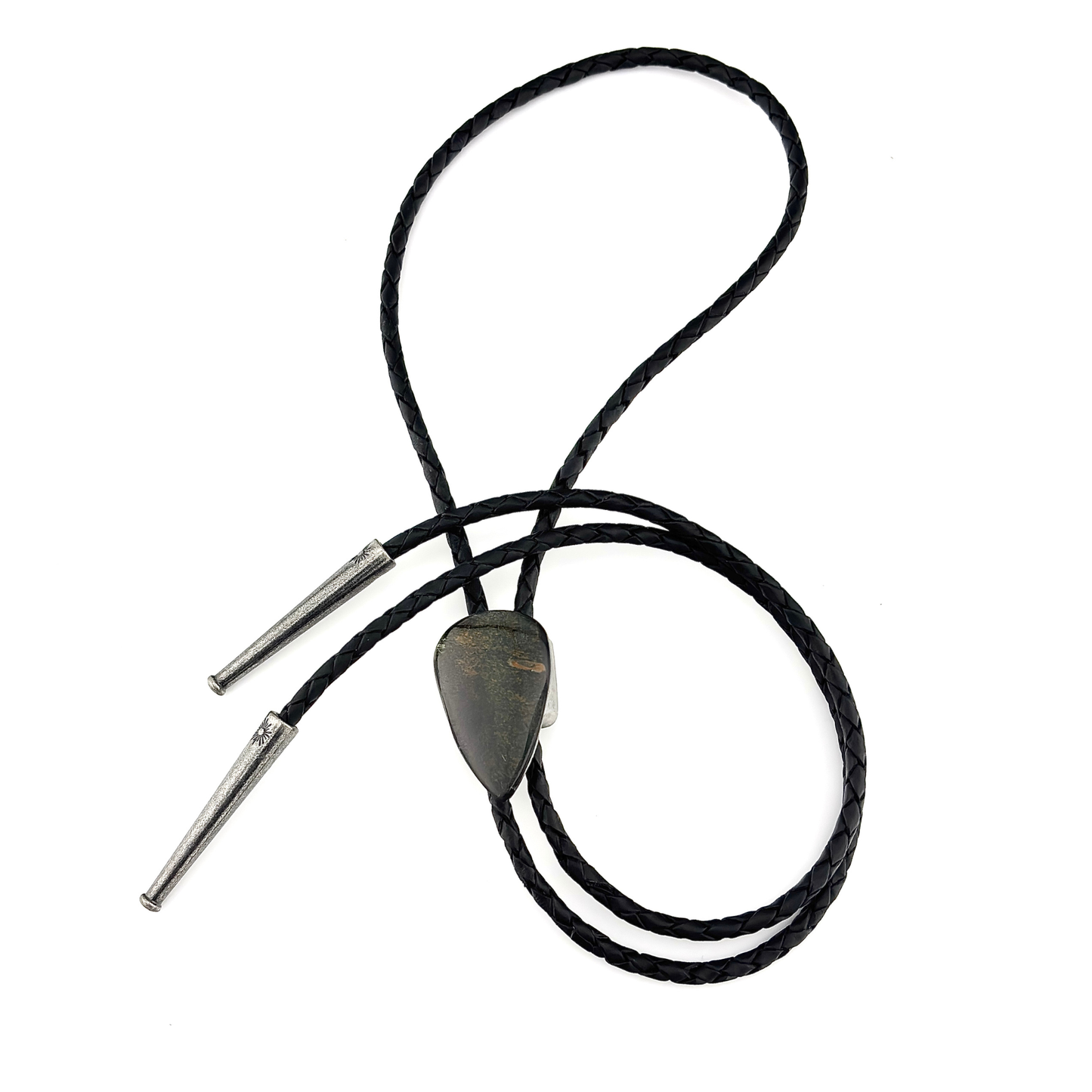Blue Tiger's Eye Bolo Tie - Black Braided Leather Cord, Aged Silver SUN Tips