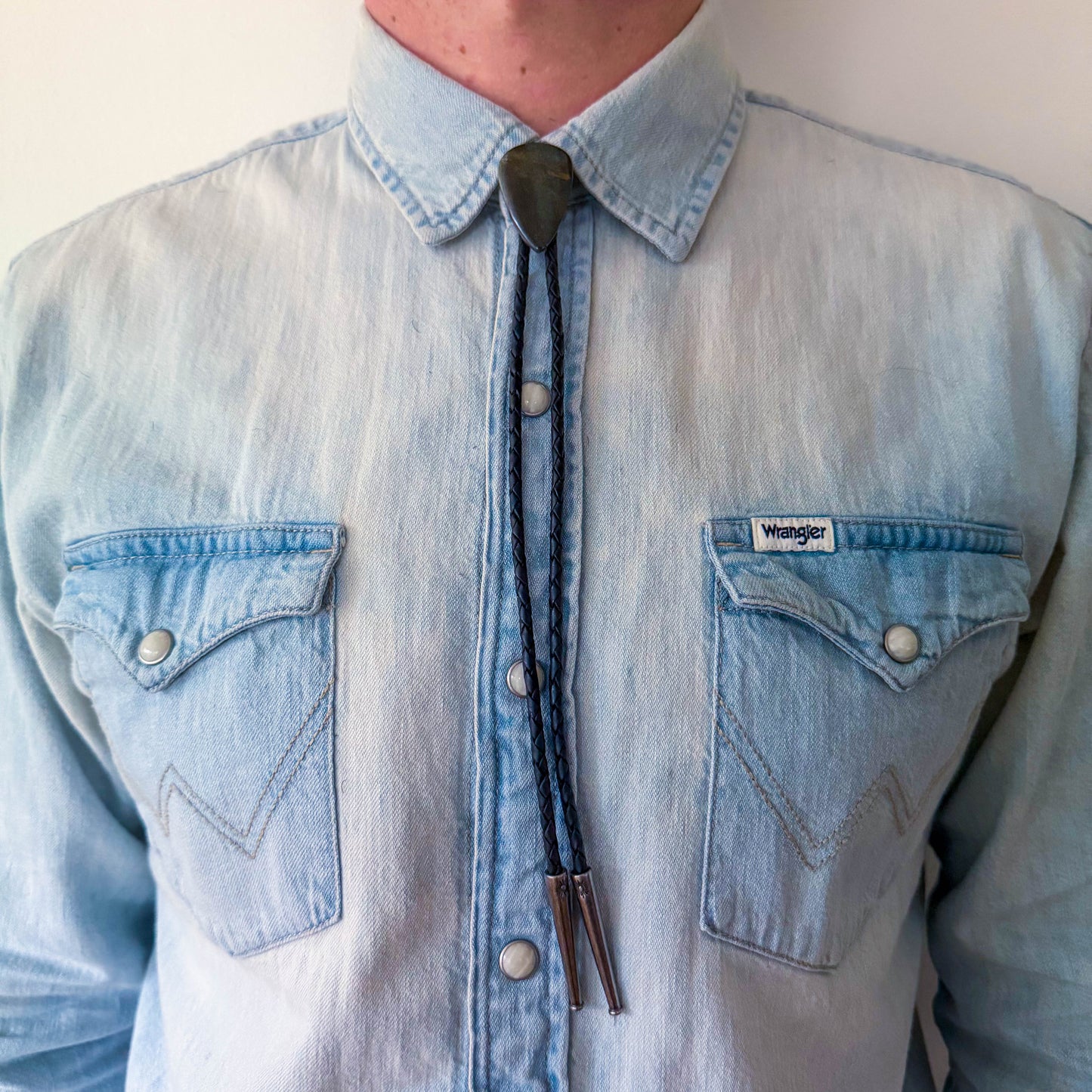 Blue Tiger's Eye Bolo Tie - Black Braided Leather Cord, Aged Silver SUN Tips