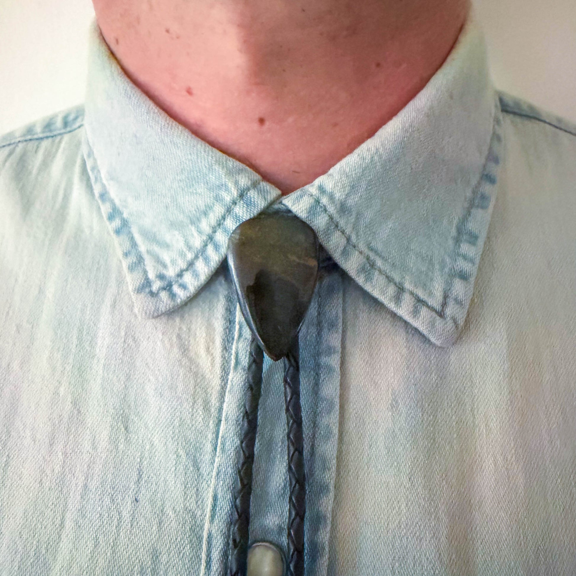 Blue Tiger's Eye Bolo Tie - Black Braided Leather Cord, Aged Silver SUN Tips