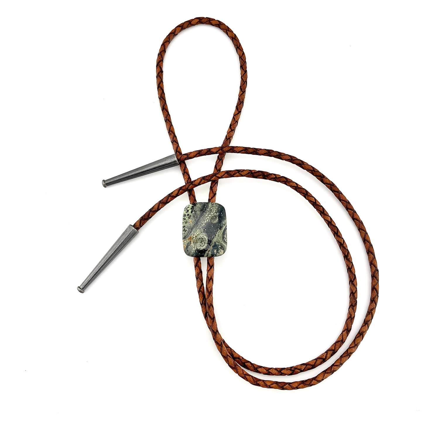 Star Galaxy Jasper Bolo Tie - Mahogany Braided Leather Cord, Aged Silver SUN Tips