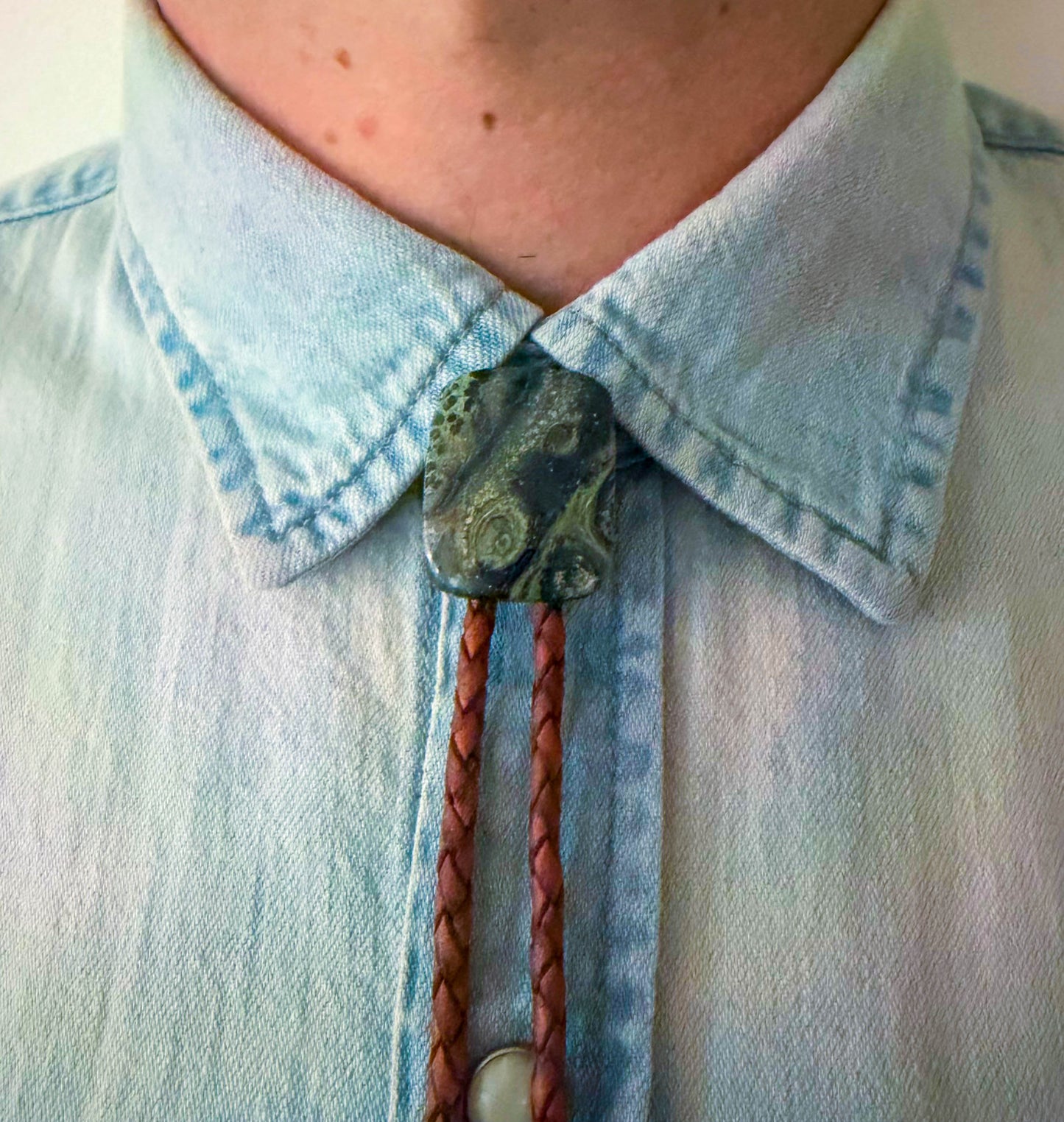 Star Galaxy Jasper Bolo Tie - Mahogany Braided Leather Cord, Aged Silver SUN Tips