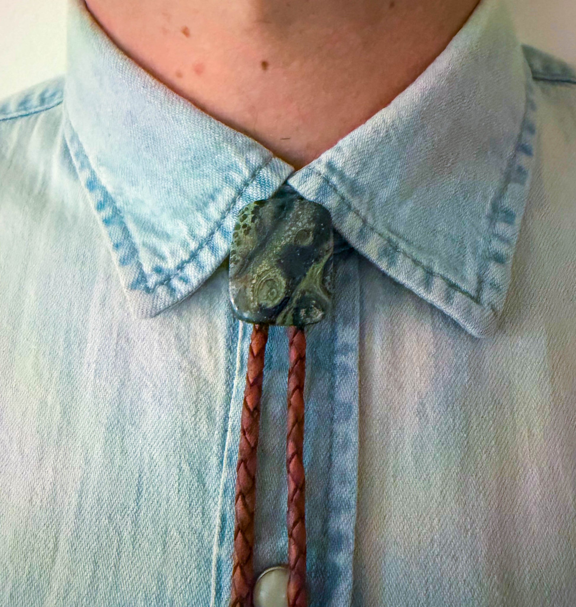 Star Galaxy Jasper Bolo Tie - Mahogany Braided Leather Cord, Aged Silver SUN Tips