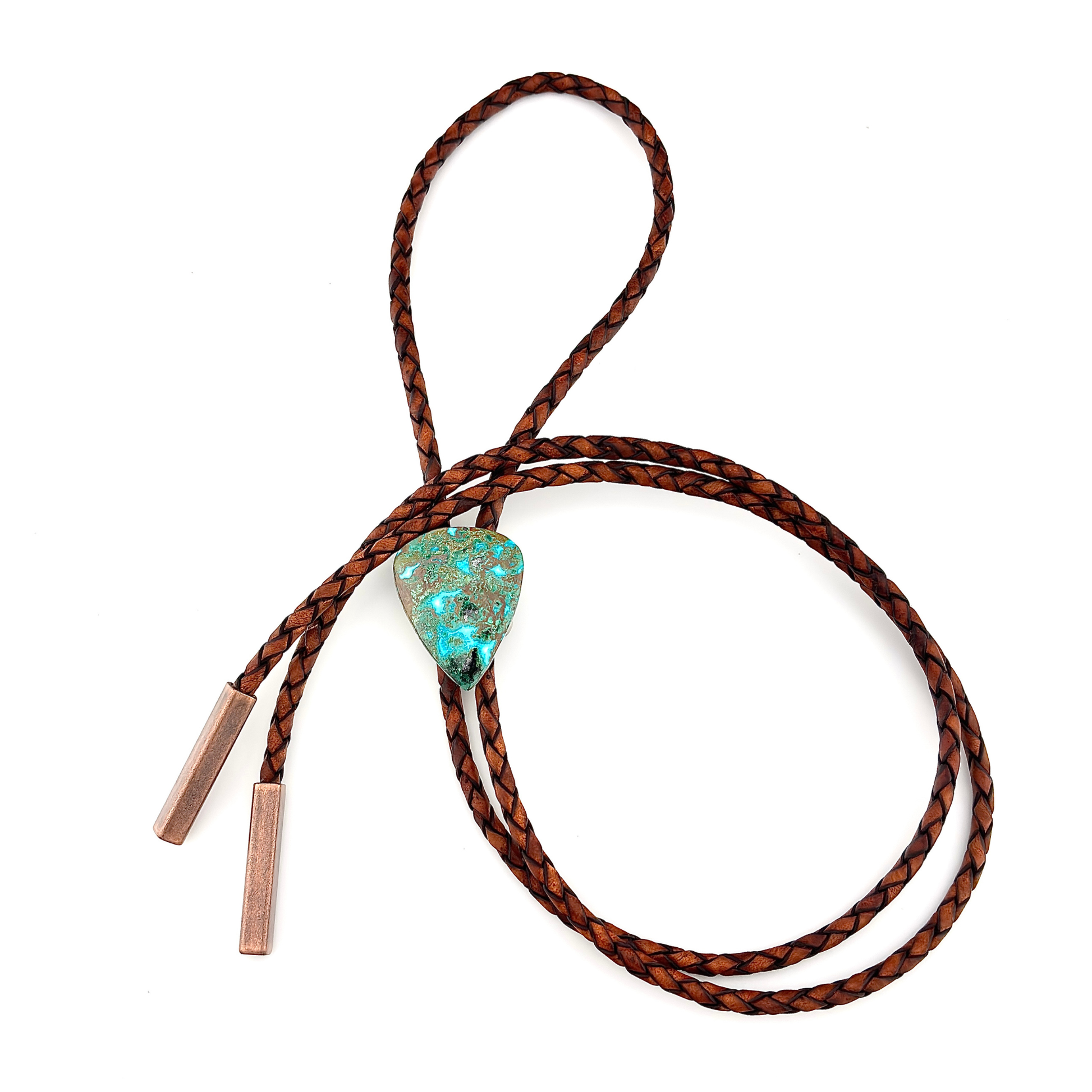 Australian Chrysocolla Bolo Tie - Mahogany Braided Leather Cord, Antique Copper BAR Tips