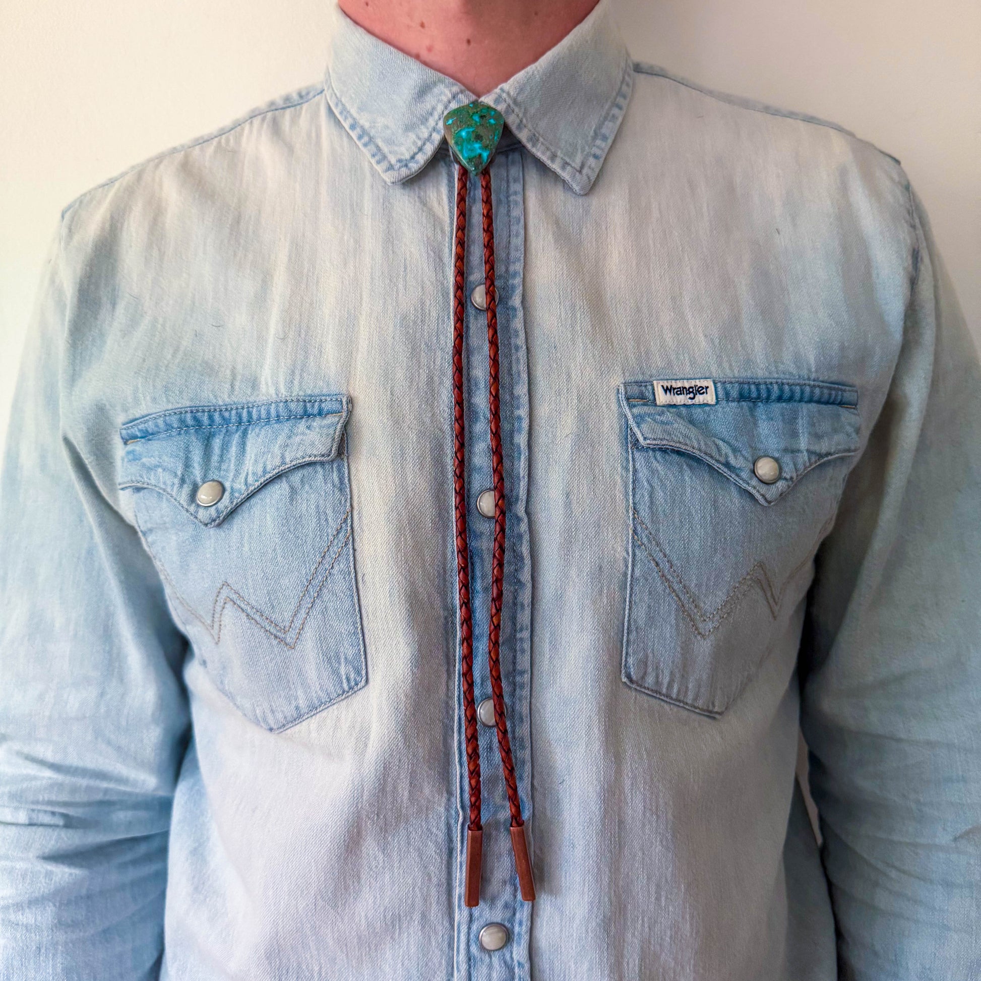 Australian Chrysocolla Bolo Tie - Mahogany Braided Leather Cord, Antique Copper BAR Tips