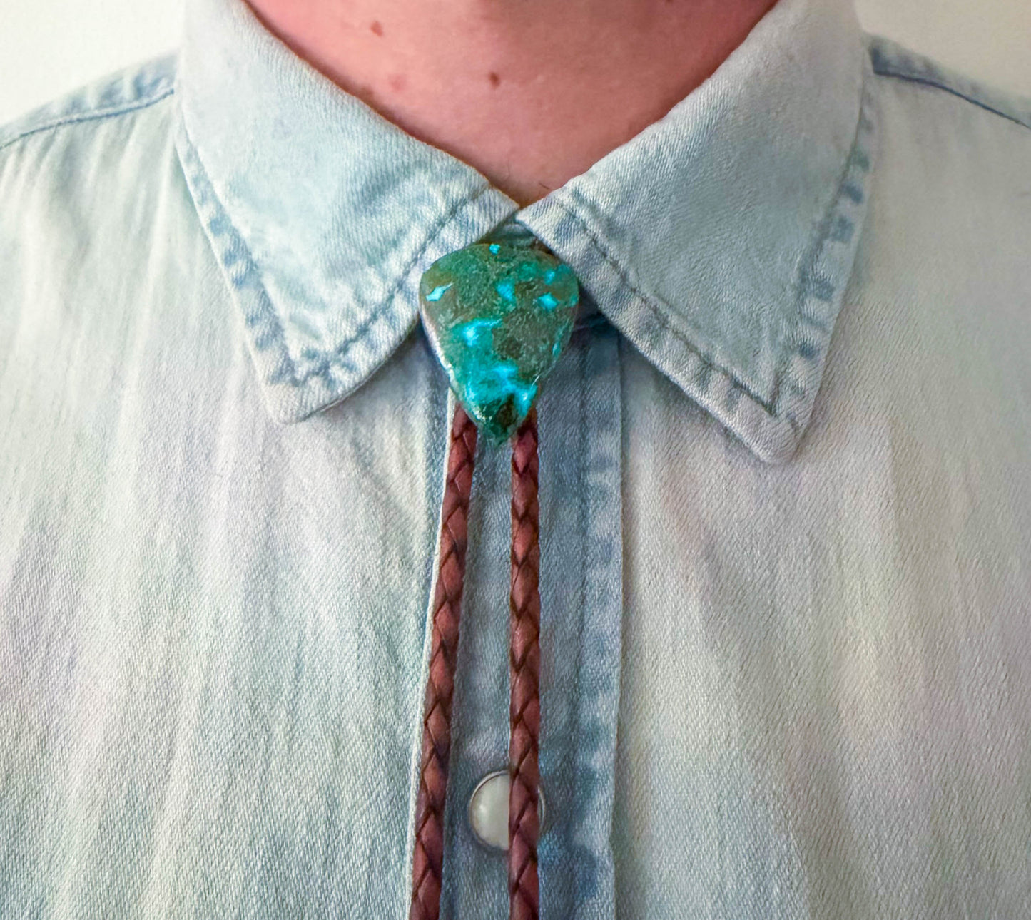 Australian Chrysocolla Bolo Tie - Mahogany Braided Leather Cord, Antique Copper BAR Tips