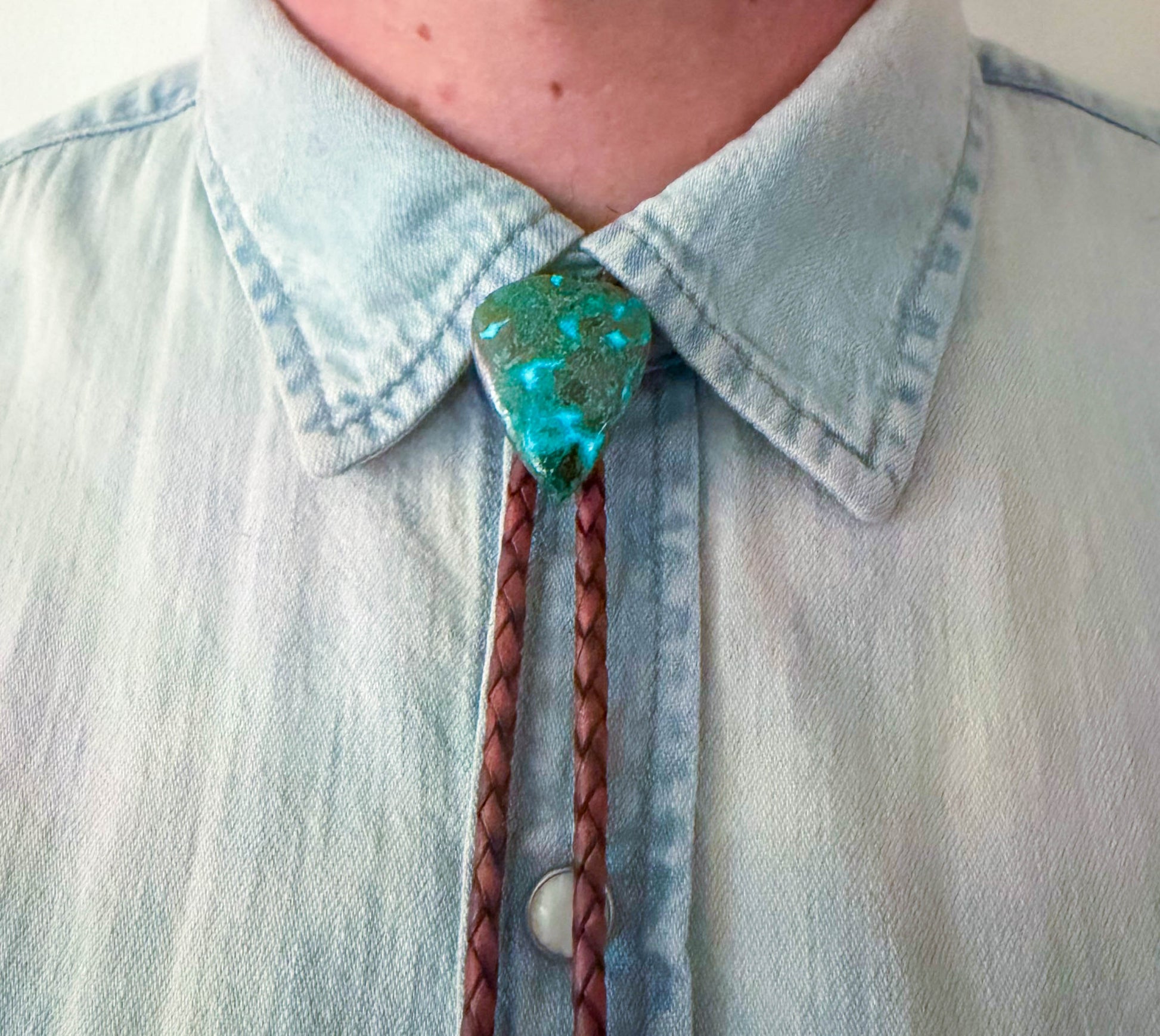 Australian Chrysocolla Bolo Tie - Mahogany Braided Leather Cord, Antique Copper BAR Tips