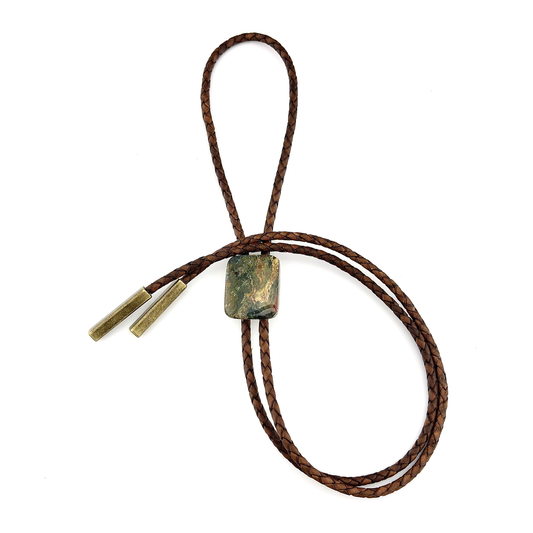 Ocean Jasper Bolo Tie - Dark Brown Braided Leather Cord, Aged Brass BAR Tips