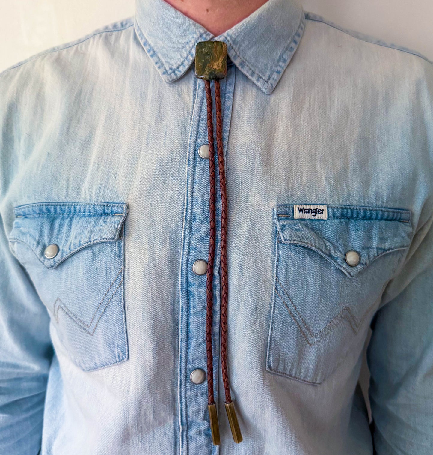 Ocean Jasper Bolo Tie - Dark Brown Braided Leather Cord, Aged Brass BAR Tips