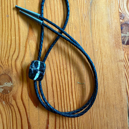 Buffalo Turquoise Bolo Tie - Black Braided Leather Cord, Antique Silver SUN Tips