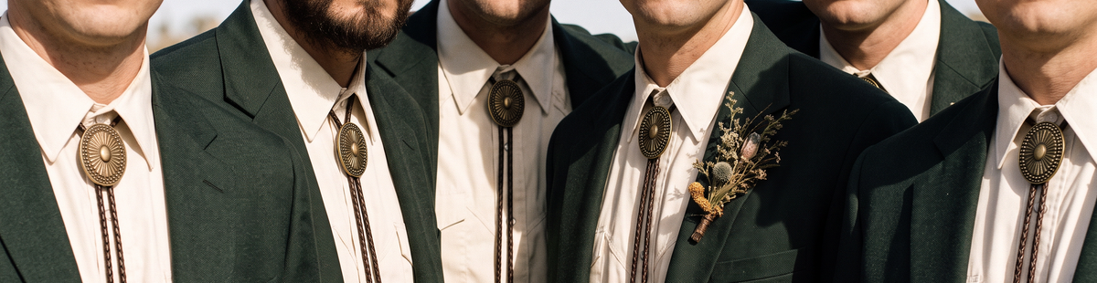 A group of men wearing matching dark green suits, white dress shirts, and brown bolo ties, standing closely together outdoors.