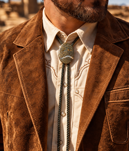 A close-up of a man wearing a brown suede blazer over a cream western shirt, with a stone bolo tie featuring a textured green and gray center and brass metal chain
