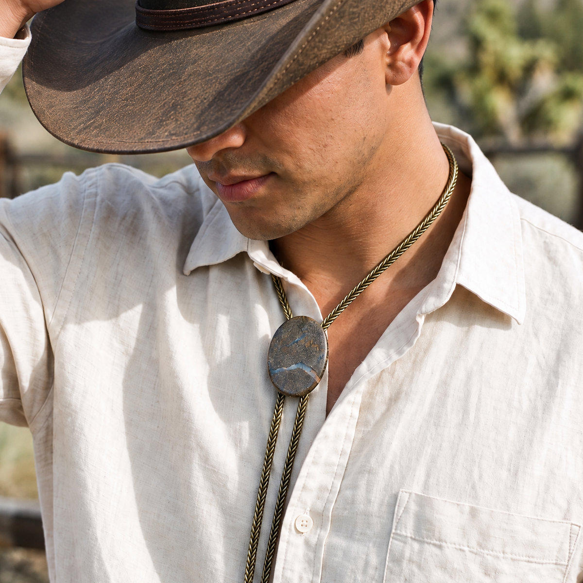 A man wearing a brown cowboy hat, a cream-colored linen shirt, and a dark brown bolo tie with a large oval silver-toned medallion, standing outdoors in a rural setting.