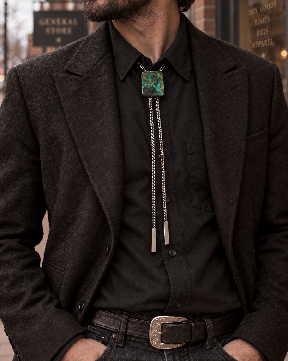 A man wearing a dark brown textured blazer over a black button-down shirt, styled with a silver-toned bolo tie featuring a green and blue patterned square stone pendant.