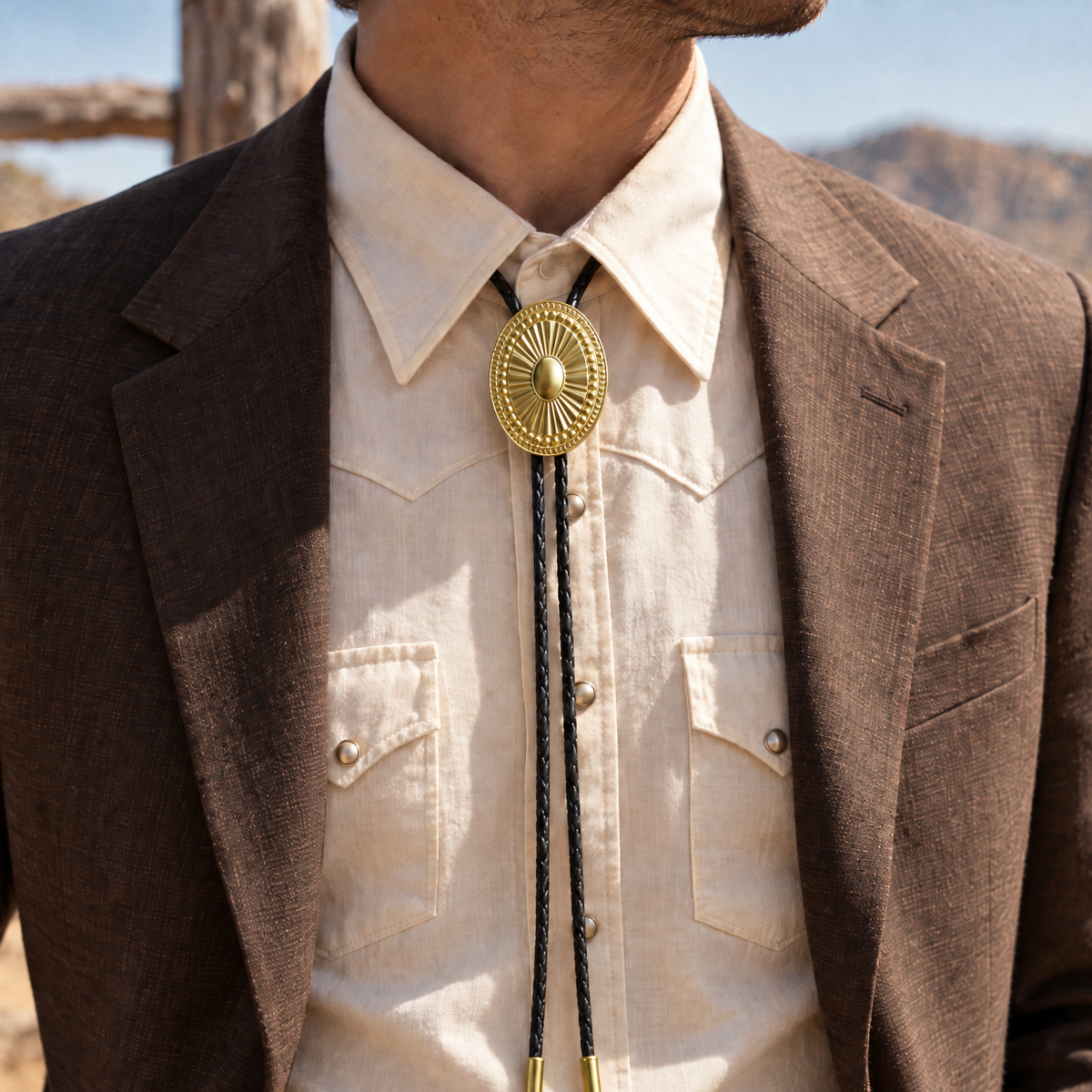 A close-up of a man wearing a brown blazer, cream western shirt, and a gold-toned bolo tie with a black cord, set against a blurred outdoor background.