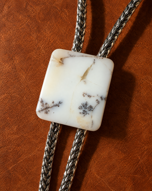 A western-style bolo tie necklace featuring a rectangular white stone pendant with natural gray and brown veining, suspended from braided silver-toned cords, displayed on a textured brown leather background.