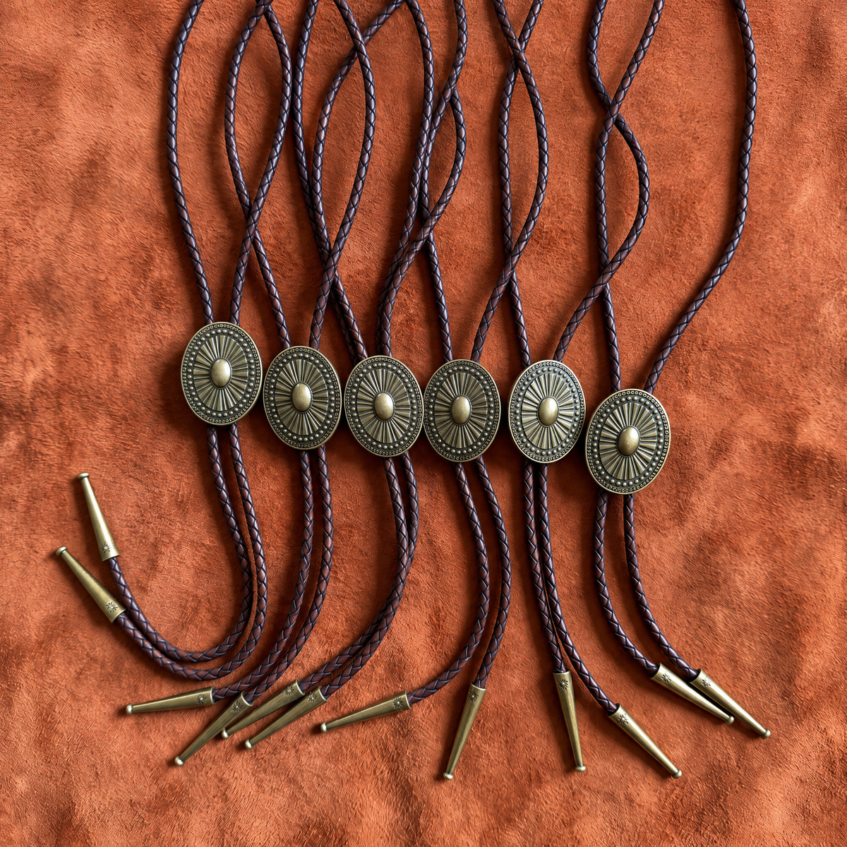 Six braided bolo ties with round bronze medallions and bullet-shaped metal tips, arranged on a textured rust-brown background.